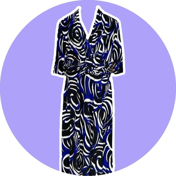 Evan Picone Women's Blue Black Swirl Print Elbow-Length Midi Dress Size 10 - Picture 2 of 8